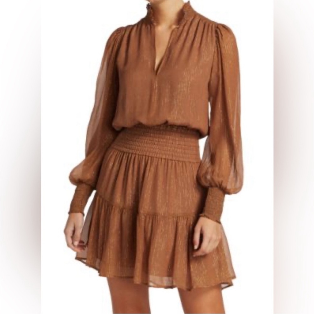 Fall Wedding Guest Dress! A.L.C. Metallic Silk Mini Dress (Brown/Gold, Size 8)